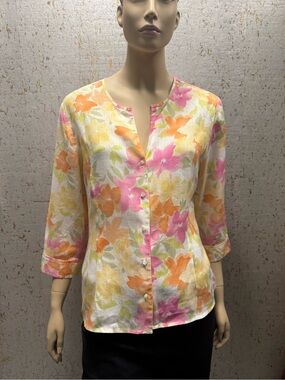Talbots 100% Linen Floral Button-Front Blouse in Pink, Orange & Yellow
